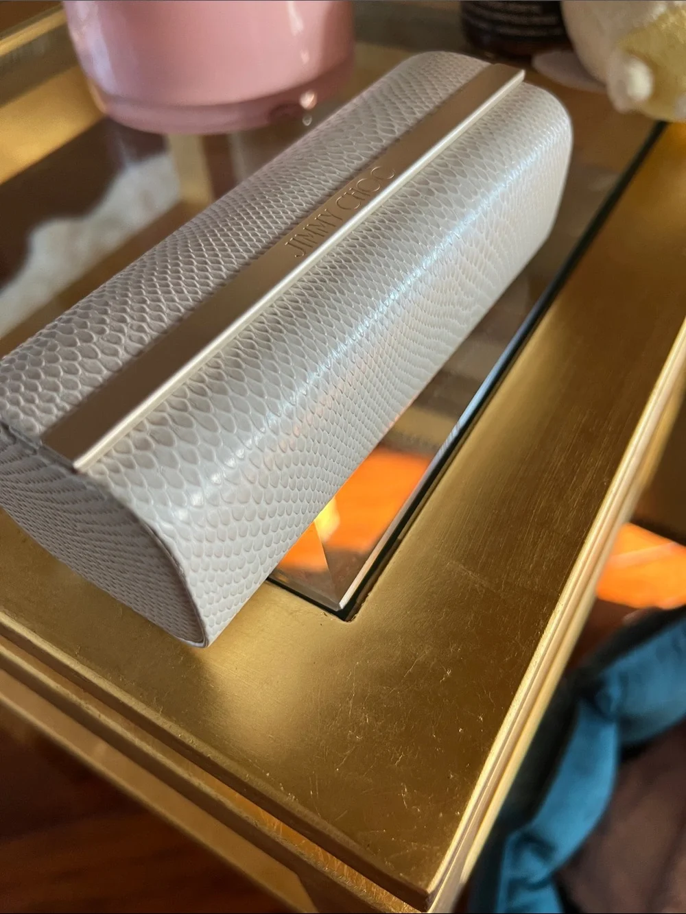Jimmy Choo White Textured Sunglasses Case with Gold Accent